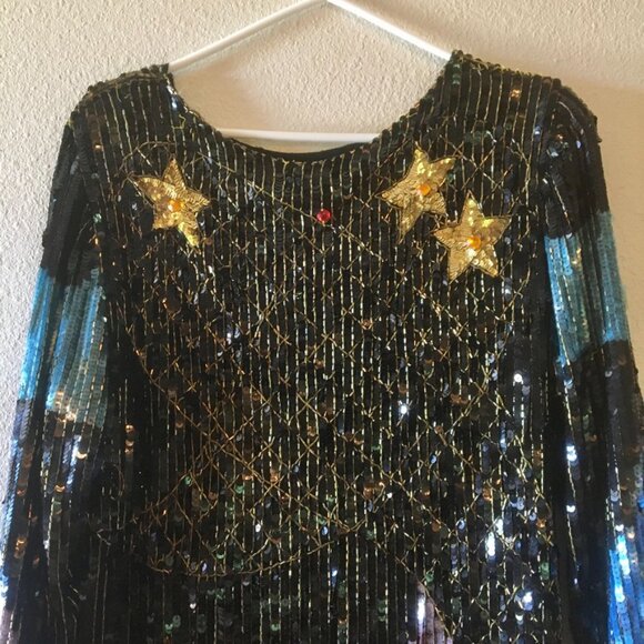 VTG 80s Black Sequins Dress Maxi Dress Gold Stars Blue Pink Lightning Bolt Sz 6 - Picture 12 of 16